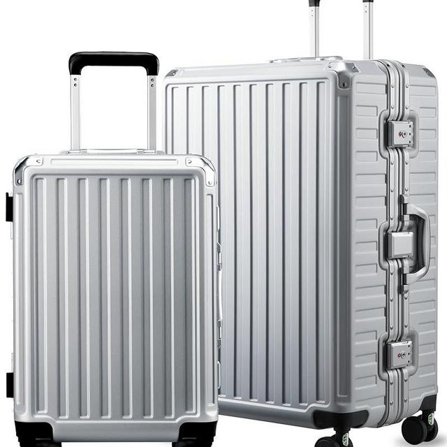 Luggage Sets with Spinner Wheels, 8010S Aluminum Frame Zipperless Polycarbonate Hard Shell Suitcase Sets (ZX-Core, Silver, 2 Piece (20/28))