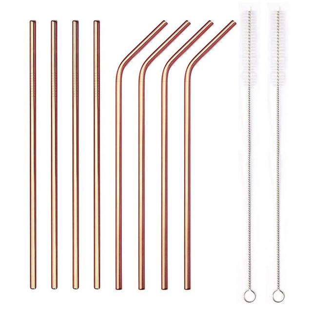 Stainless Steel Metal Straws Rose Gold 10.5'' Reusable Drinking Straws for 30 oz Tumblers Yeti Set of 8 (4 Straight + 4 Bent + 2 Brushes)