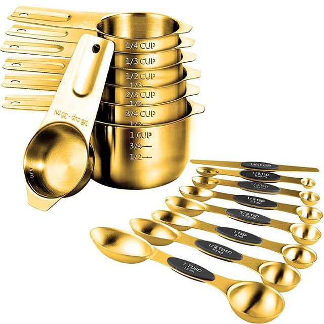 LIFETOWE Gold Measuring Cups and Spoons Set of 15, 18/8 Stainless Steel,  Includes 7 Nesting Metal Measuring Cups,8 Magnetic Measuring Spoons set 
