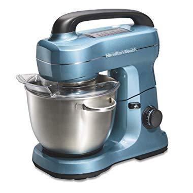 Hamilton Beach Electric Stand Mixer, 4 Quarts, 7 Speeds with Whisk, Dough Hook, Flat Beater Attachments, Splash Guard, Blue (63393)