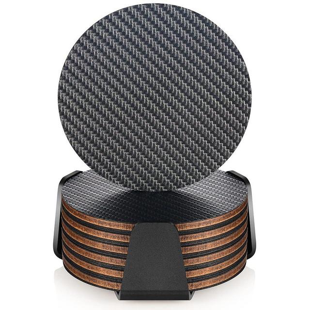 Modern Coasters for Drinks with Holder, Premium Carbon & Wood Drink Coaster, Unique Design (Dark Gray V2)