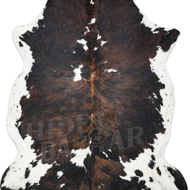 HIDES BAZAAR Natural Cowhide Rug for Home & Office Premium Dark Tricolor Cowhide Rug with Unique Dark Brown, Black & White Patterns- Cow Hide Rugs Made with Tanned Leather - Cow Hide Rugs 6x6-7 ft