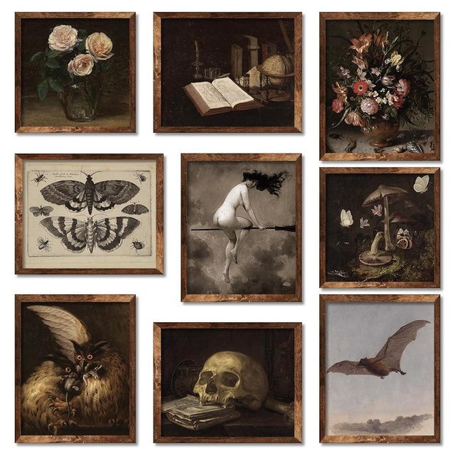 Whaline 9Pcs Dark Academia Wall Art Prints Vintage Halloween Wall Decor Witch on Broomstick Floral Skull Gothic Home Decor Wall Art for Halloween Gallery Wall Home Living Room Bedroom Decor (UNFRAMED)