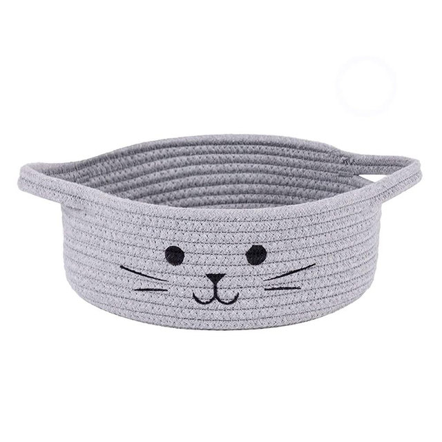 HiChen Small Woven Rope Storage Basket, Cute Cat Toy Basket for Living Room, Baby Basket for Nursery, Gift Basket Empty for Baby Shower, Grey, 9.8 x 4 inches