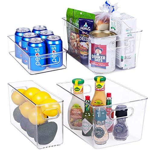 Plastic Refrigerator Organizer Bins - 4 Piece Fridge Organizers and Storage Clear Bin with Handle for Kitchen Pantry, Premium BPA-Free Freezer Organizer Bins