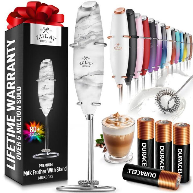 Zulay Powerful Milk Frother (4 Duracell Batteries Included) - Handheld Milk Frother Wand Drink Mixer for Coffee - Powerful Milk Foamer for Cappuccino, Frappe, Matcha & Coffee Creamer - Quartz