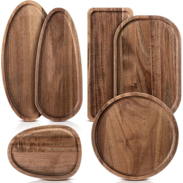 Rtteri Set of 6 Acacia Wood Serving Platters Trays Different Shapes Wooden Plates Solid Wood Serving Tray Charcuterie Boards Kitchen Dinner Platters for Food Cheese Appetizer Dessert Snack