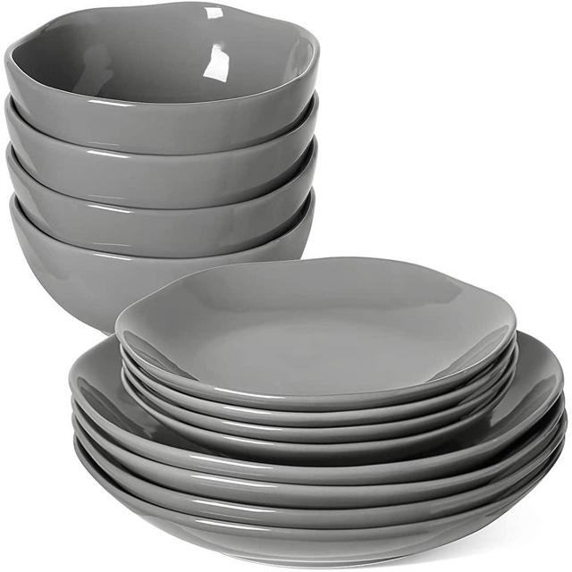 LE TAUCI 12 Piece Dinnerware Set, 4 pcs dinner plates & 4 salad dish & 4 bowl sets, Service for Four person- GREY