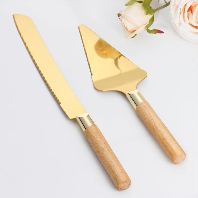 Gold Cake Cutting Set for Wedding, Wood Cake Knife and Server Set, Rustic 2-Piece Pie Cutter Serving Set, Serrated Dessert Utensils, Bridal Anniversary Quinceañera Gift (Oak color)