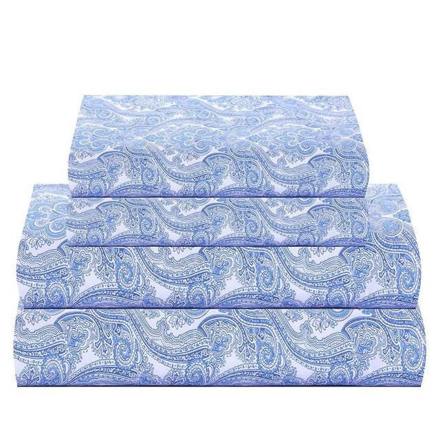 Feather & Stitch Softest 100% Cotton Sheets, 300 Thread Count Percale Weave Bedding, 16" Deep Pocket, Cooling Sheets, Breathable Bed Set, Hotel Premium Quality (Queen, Blue Paisley)