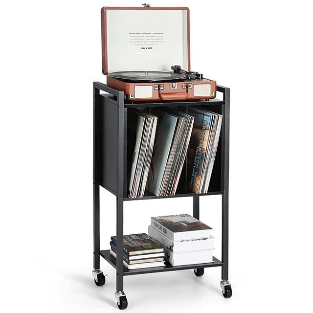 Record Player Table, Melos Record Player Stand With Storage, 2-Tier Vinyl Record Holder Storage Cabinet, Turntable Stand With Record Storage, End Table, Nightstand For Living Room,Bedroom,Office,Black