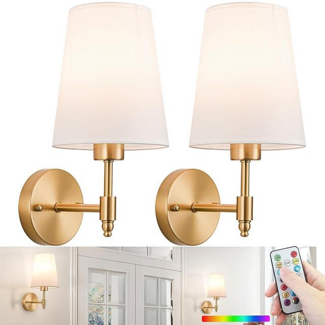 slywise Battery Wall Sconces Set of Two,Battery Operated Sconces Up to 50 Hours Long Life,Rechargeable Cordless Wall Sconce USB Charging, RGB Fabric Wall Lights No Hardwired Need (Color : Brass)