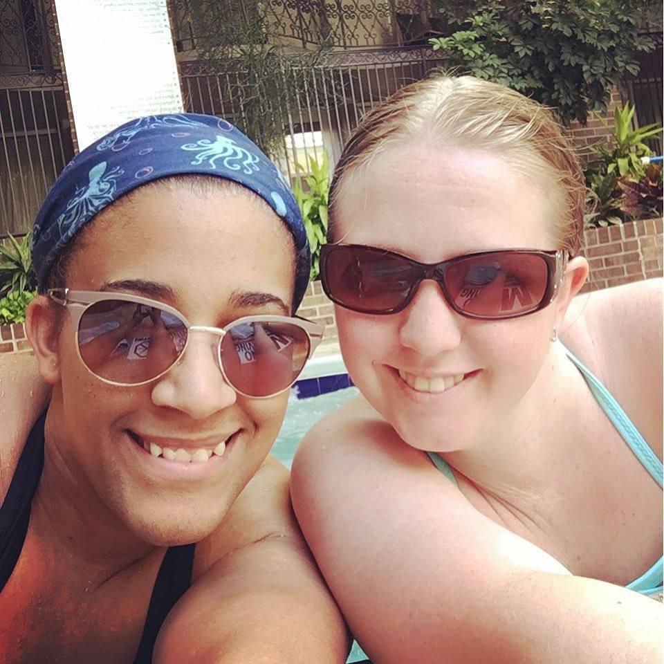 Liz and Amanda soaking in a hot tub post Dragon Con for Amanda's birthday