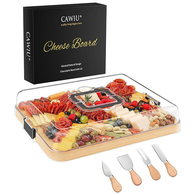 CAWIU Portable Travel Charcuterie Board with Lid and Handle - Large Bamboo Cheese Board with 4 Cheese Knife Set for Outdoor, Picnics - Weddings, House Warming Gift for Women (1 Compartment, Black)