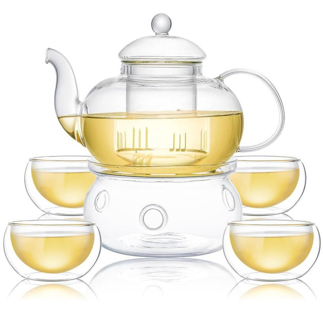 CnGlass 33.8oz Glass Teapot with Removable Infuser,Stovetop Safe Tea Kettle with 4-Pack Glass Teacups 3.4oz and Glass Tea Warmer 5.3 in/13.5cm Diameter