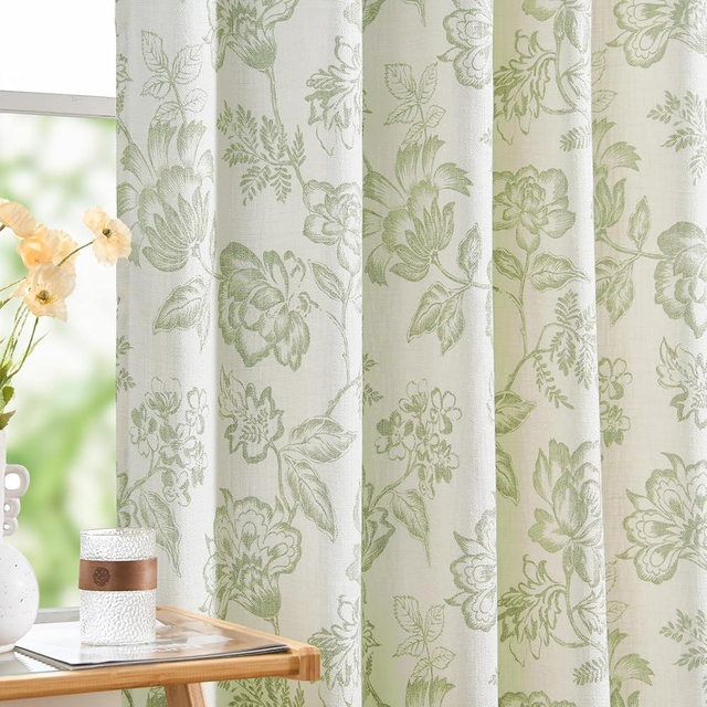 Jinchan Floral Burlap Look Curtains 84 Inch Long - Faux Linen Green Flower Patterned Drapes for Living Room - Light Filtering Farmhouse Rod Pocket Window Panels for Bedroom (2 Panels)