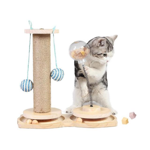Marchul 4 in1 Interactive Cat Toy, Cat Scratching Post with Hanging Ball, Cat Food Treat Toy for Indoor Cats and Kittens with Wooden Track Balls, Kitten Sisal Scratcher Toy with Cat Treat Dispenser