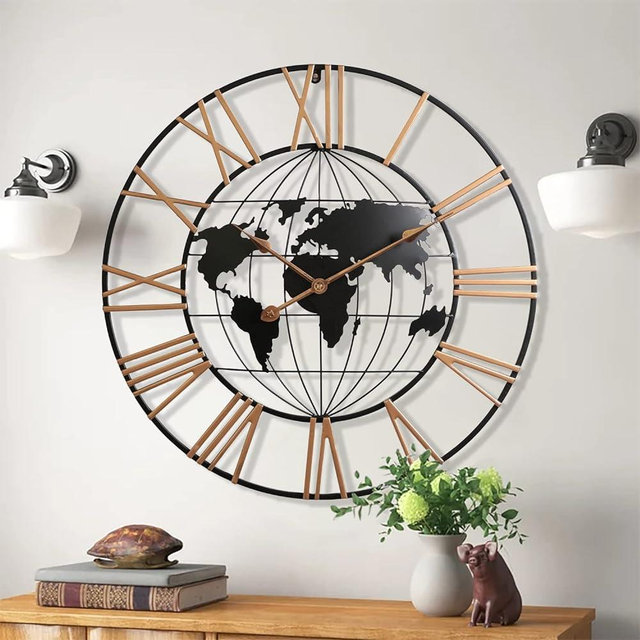 Large World Map Wall Clock, Metal Minimalist Modern Clock, Round Silent Non-Ticking Battery Operated Wall Clocks for Living Room/Home/Kitchen/Bedroom/Office/School Decor (24 Inch)
