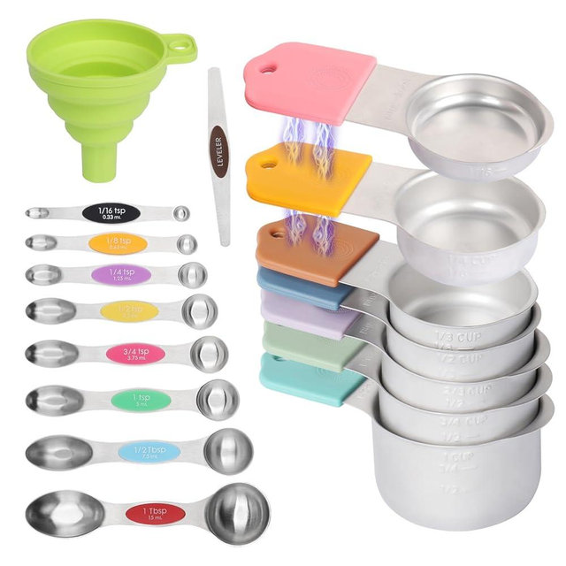 Magnetic Measuring Cups and Spoons Set, 17 Pcs Stainless Steel Measuring Cups and Spoons set for Measure Dry Liquid Ingredients with 7 Measuring Cup 8 Metal Spoon 1 Leveler 1 Funnel Colored