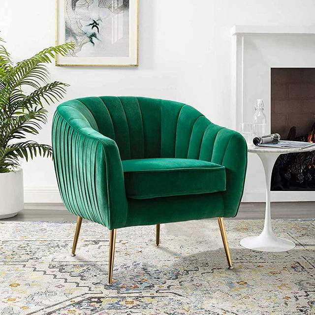 Altrobene Velvet Accent Chair, Modern Barrel Arm Chair, Living Room Bedroom Chair, Golden Finished, Christmas Green