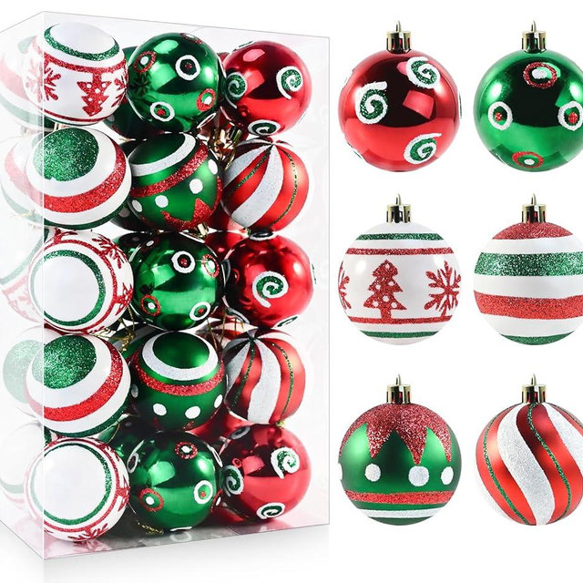2.36'' Christmas Balls Ornaments - 30PCS Plastic Christmas Tree Ornaments, White, Green and Red Hanging Decorations, Shatterproof