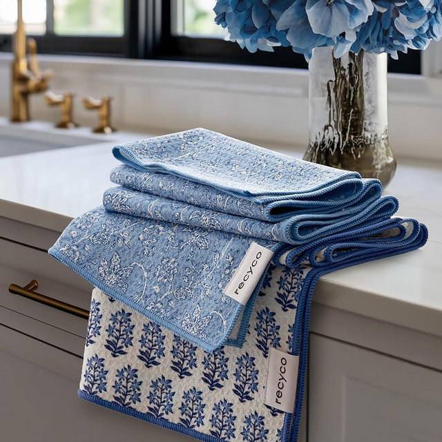 RECYCO Waffle Kitchen Towel Set of 2 - Quick Dry Microfiber Sustainable Dish Towels - Ultra Absorbent Reusable Cleaning Tea Towels - Lightweight Hand Towels,16”x 28”, Porcelain Blue