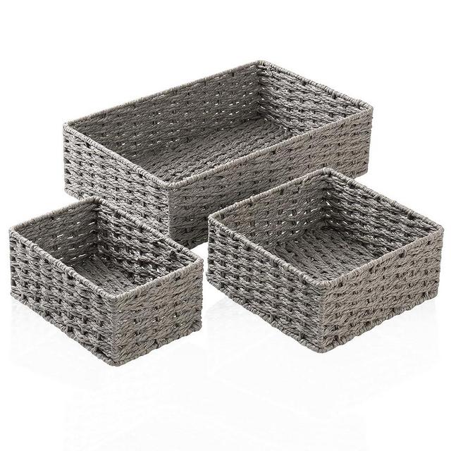 FairyHaus Wicker Baksets 3Pack, Hand-Woven Paper Rope Wicker Storage Basket Set, Recyclable & Renewable Small Wicker Basket for Shelves Organizing, Grey