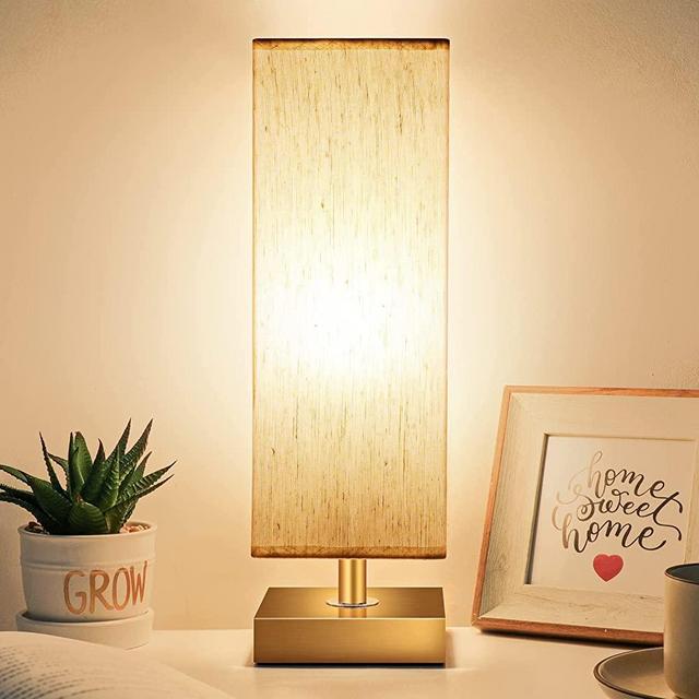 Bedside Table Lamp - Small Bedroom Lamps for Nightstand, 3-Color Options Brushed Brass Metal Lamps with Modern Fabric Shade Reading Nightstand Lamps for Living Room, Dorm, Office (LED Bulb Included)