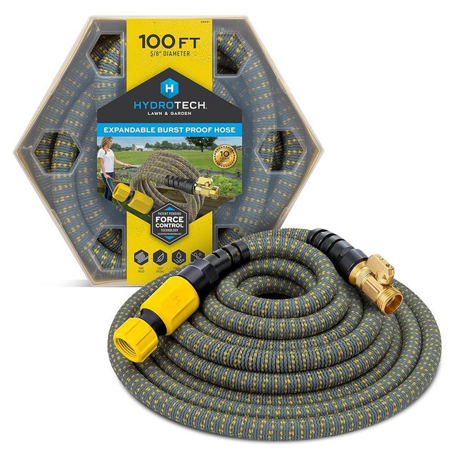 HydroTech 100 ft Expandable Garden Hose - Burst Proof & Lightweight, Flexible Water Hose with Durable Reinforced Latex Core & Solid Brass Fittings for Lawn, Garden, Car Washing