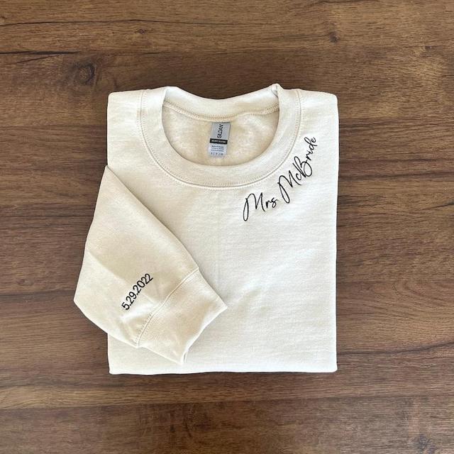 Custom Mrs. Embroidered Sweatshirt, Date On Sleeve, Name On Neckline, Wife Shirt, Future Mrs Hoodie, Engagement Gift, Bride To Be