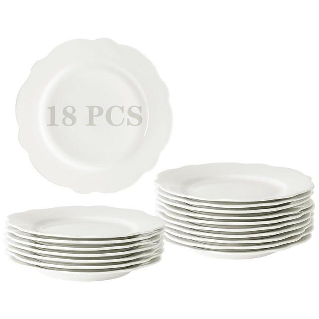 FIVEAGE 6 Inch Ceramic Dessert Plates Set of 18, White Appetizer Plate, Small Dinner Serving Plates for Cake, Snacks, Side Dishes, Microwave Oven and Dishwasher Safe
