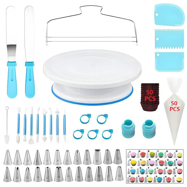 YOQXHY 148 Pcs Cake Decorating Kit with Cake Turntable,Cake Leveler,24 Numbered Icing Piping Tips,2 Spatulas,3 Comb Scrapers,2 Couplers,5 Bag Ties,50 Pastry Bags,50 Cupcake Liners