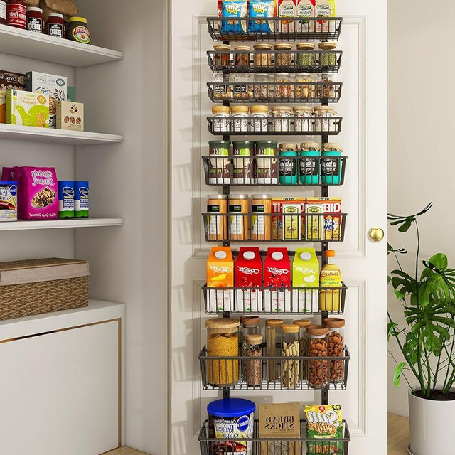 Mefirt Over The Door Pantry Organizer, Wall Mount Spice Rack, Pantry Hanging Storage and Organization, 9 Adjustable Deep Baskets Heavy-Duty Metal for Home & Kitchen, Back of Door Seasoning Rack, Black