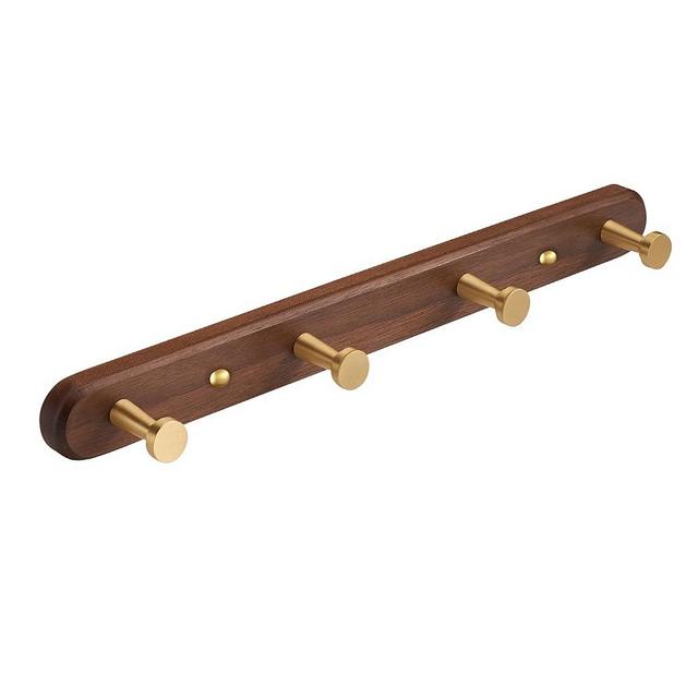 SARIHOSY Wall Mounted Coat Rack, Entryway Hanging Rack, Metal Wood Coat Rail with 4 Rustic Hooks for Scarf, Bag, Towel, Key, Cup, Hat - Walnut Gold Matt