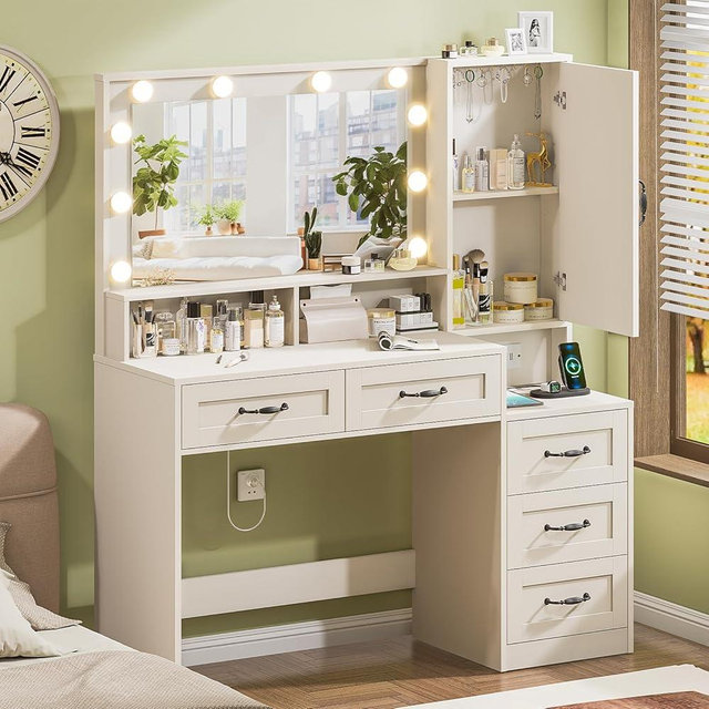 DINGIPP Farmhouse Vanity Desk with Mirror and 10 Led Lights, 45.3" Large Makeup Vanity Table with Power Outlet, 5 Drawers and 1 Cabinet, Vanity Set Dressing Table with 9 Hooks for Women Girls (White)