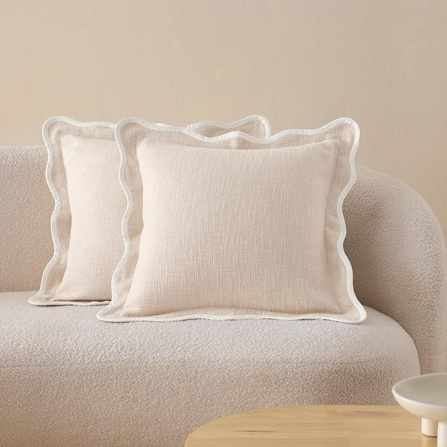 Double Stitch Scalloped Throw Pillow Covers - 100% Cotton Set of 2 Decorative Boho Pillow Covers 20 x 20, Made in India, Square Cushion Case, Modern Home Decor for Couch Sofa Living Room, Oat Milk