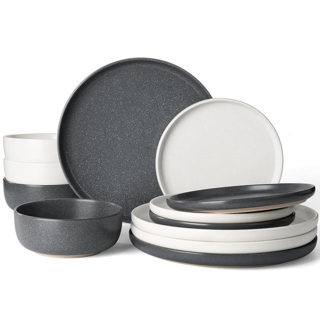 Famiware Milkyway Plates and Bowls Sets, 12 Pieces Dinnerware Sets, Reactive Glaze Dish Set, Stoneware Dishes Set for 4, Matte White & Matte Dark Charcoal