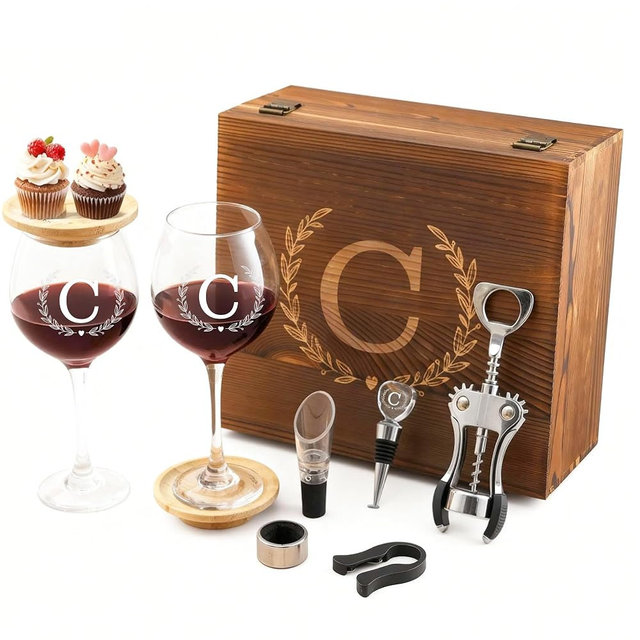 GZLDGIFTS Personalized Initial Wine Glasses Box Gift Set For Women Mom Engraved Birthday Monogrammed Wooden Christmas Gifts Wedding Anniversary Wine Couples Stopper Opener Initial Letterr (C Set)
