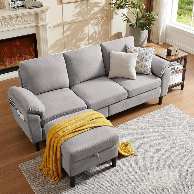 Pingliang Home 79" Convertible Sectional Sofa, Small L Shaped 3-Seat Couch with Reversible Chaise, Modern Linen Sofas Couches for Living Room, Apartment and Small Space, Light Grey