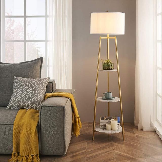 ROSEN GARDEN Floor Lamp, Standing Reading Light with Faux Marble Shelves and Fabric Shade, Modern Tall Pole Lamp, Accent Furniture Décor Lighting for Living Room, Bedrooms