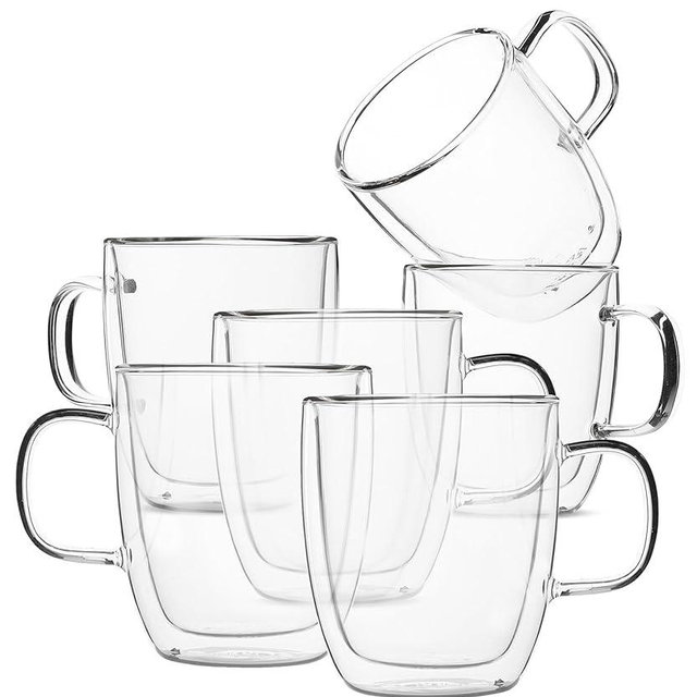 BTaT- Double Wall Glass Coffee Mugs, 12 oz, Set of 6, Double Glass Coffee Cups, Double Wall Coffee Mugs, Double Insulated Coffee Mugs, Clear Latte Mugs, Glass Coffee Mug, Clear Mugs