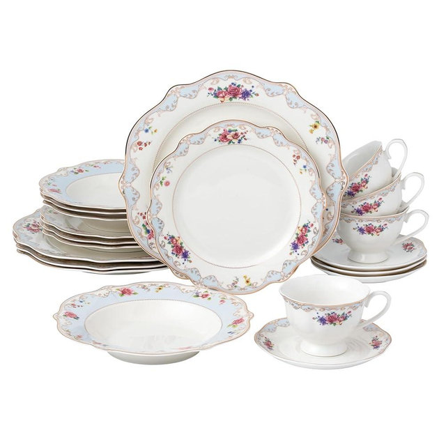 Joseph Sedgh Collection "Romantic Bloom" 20-Piece Bone China Dinnerware Set, Service for 4, Floral with Blue and Gold Trim