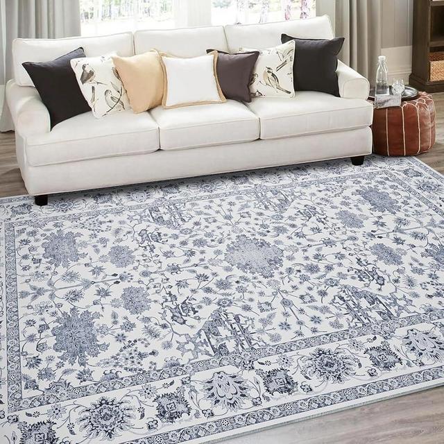 UMBFUN 6x9 Area Rug, Washable Rugs for Living Room Bedroom Entryway Dining Room Office, Vintage Boho Rugs Low-Pile Soft Carpet Navy Blue White