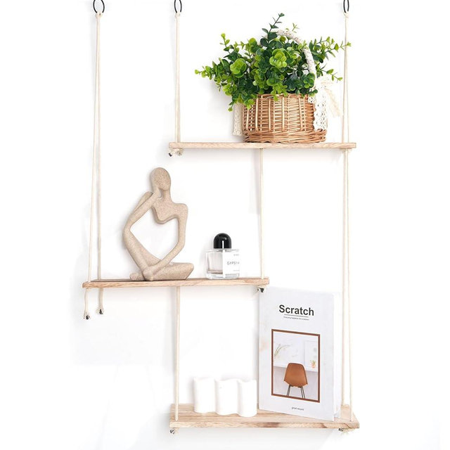 LTAXAF Set of 3 Wood Wall Hanging Shelf,Floating Wall Swing Storage Shelves, Indoor Wall Shelf Hanging Plant Shelf, Adjustable Rope Floating Shelves for Boho Aesthetic Bedroom Kitchen Bathroom Decor