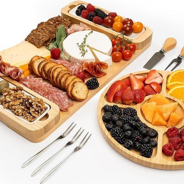 Bambüsi Charcuterie Board Gift Set - Cheese Board & Serving Tray - Large Bamboo Charcuterie Boards Set - Elegant Holiday & Housewarming Gift, Wedding Gifts - 2023 Christmas Gifts for Women