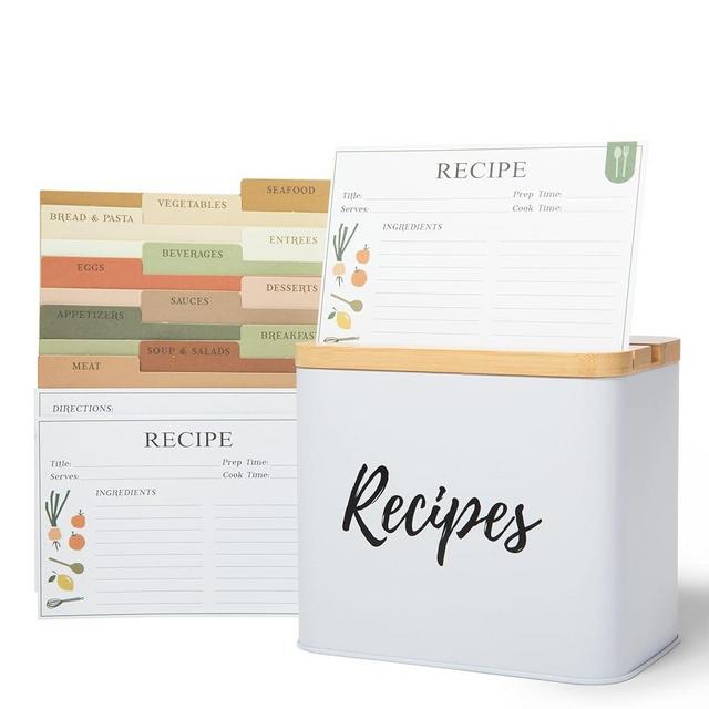 Recipe Box with Cards and Dividers, Recipe Box 4X6 inch cards - 100 count, White Metal w/ Wood Top Recipe Card Holder, Cute & Giftable Recipe Cards and Box Set, Recipe Boxes, Recipe Card Box