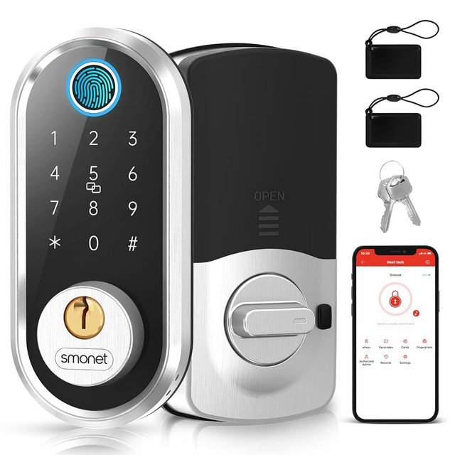 Smart Door Lock Keyless Deadbolt: SMONET Smart Locks for Front Door Fingerprint Keyless Entry Electronic Digital Bluetooth Key Fob Code APP Touch keypads Compatible with Alexa