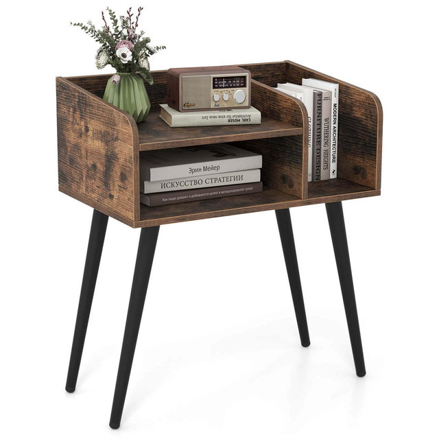 Costway Mid Century Modern End Table with Open Shelves Metal Support Legs for Bedroom Coffee