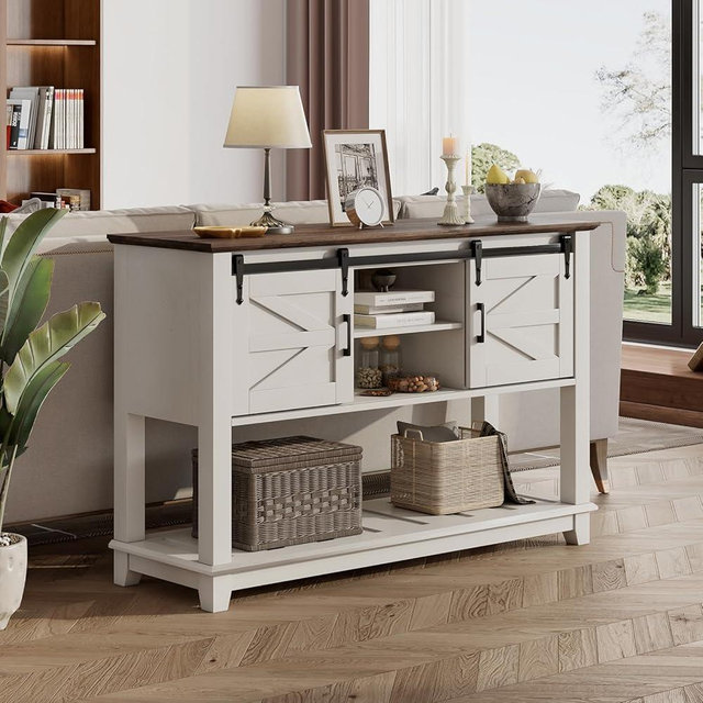 LUXOAK Farmhouse Entryway Table with Sliding Barn Doors, 46" Sofa Table for Living Room, Console Table with Storage Hallway Entrance Table, Antique White