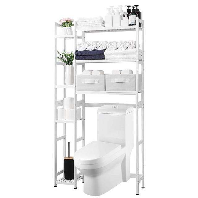 Homde Over The Toilet Storage with Basket and Drawer, Bamboo Bathroom Organizer with Adjustable Shelf & Waterproof Feet Pad, Space Saver Storage Rack for Bathroom, Restroom, Laundry,White
